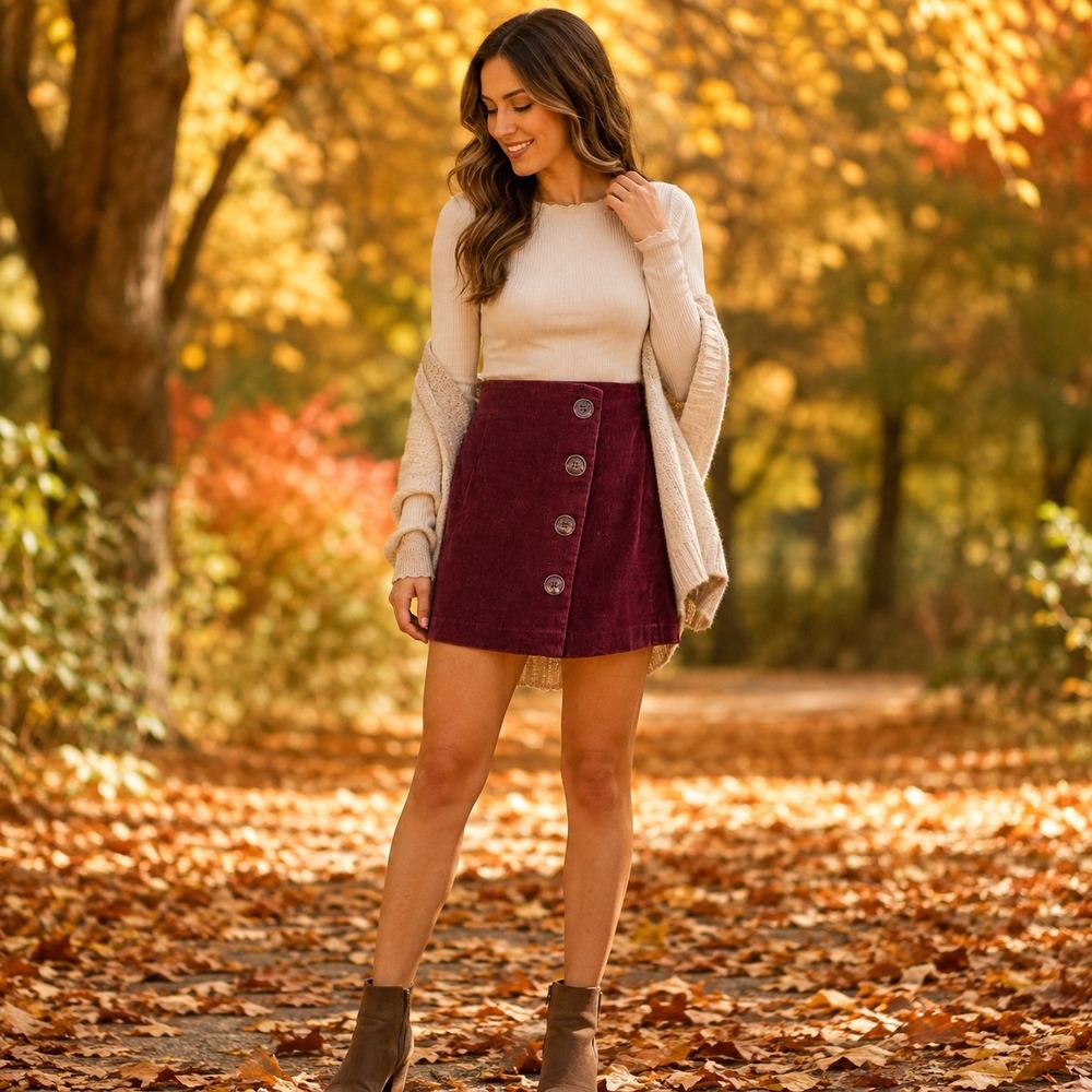 Women's Burgundy Corduroy Mini Skirt Size 2 Button Front High Waist Fall